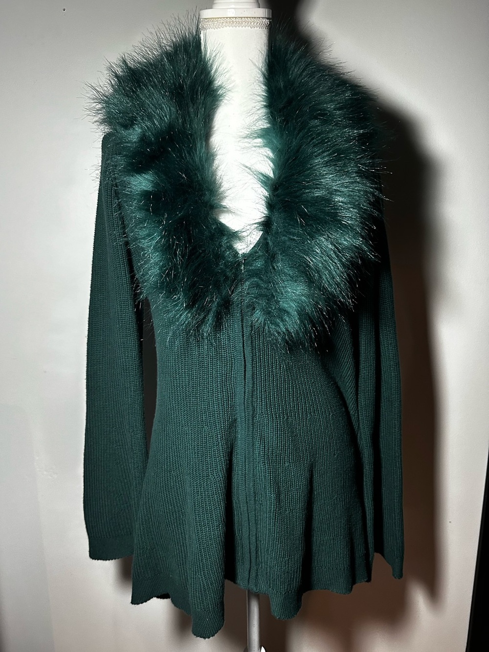 Boston Proper Deep Green Faux-Fur Collar Knit A Line Cardigan